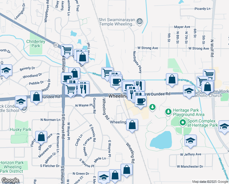 map of restaurants, bars, coffee shops, grocery stores, and more near 534a West Dundee Road in Wheeling