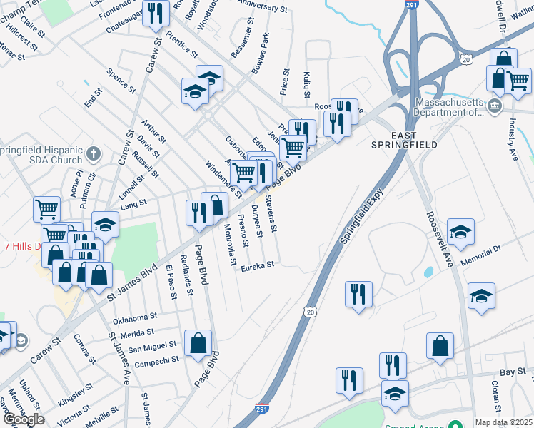 map of restaurants, bars, coffee shops, grocery stores, and more near 27 Stevens Street in Springfield