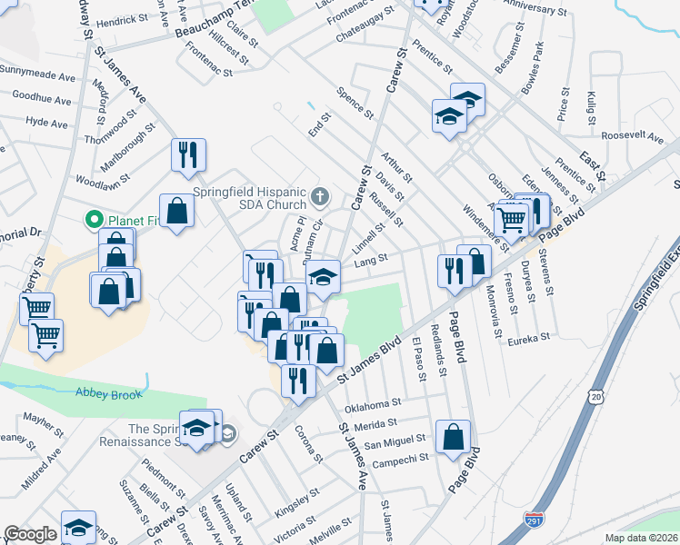 map of restaurants, bars, coffee shops, grocery stores, and more near 74 Ames Street in Springfield