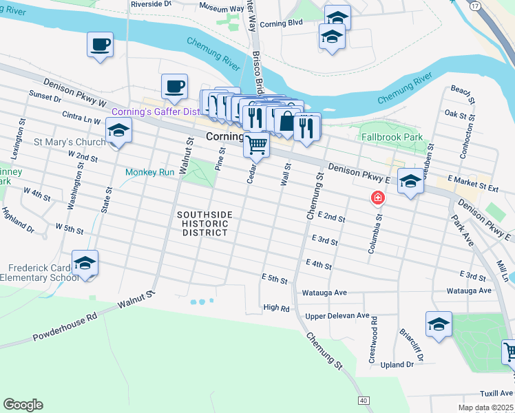 map of restaurants, bars, coffee shops, grocery stores, and more near 90 East 2nd Street in Corning