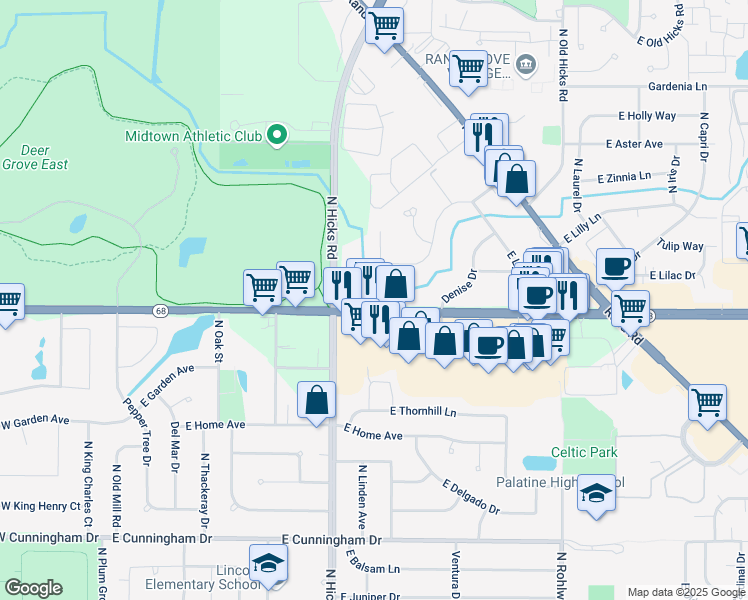 map of restaurants, bars, coffee shops, grocery stores, and more near 462 West Dundee Road in Palatine