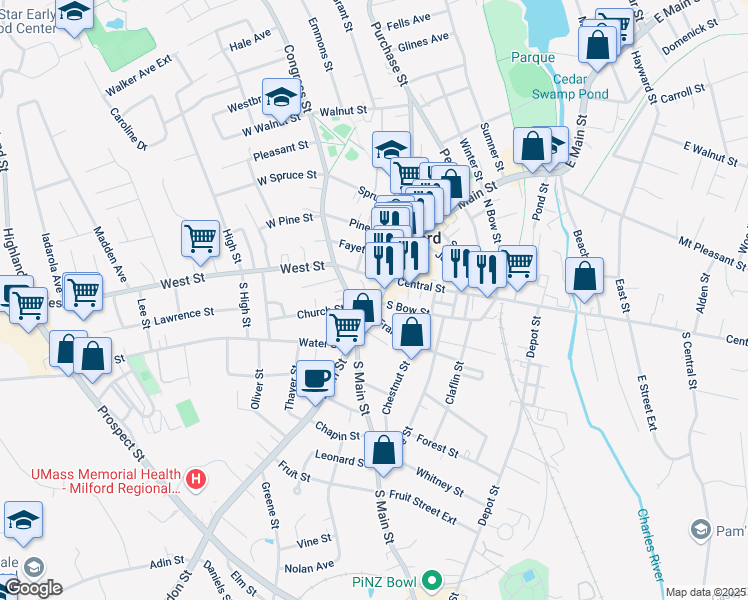 map of restaurants, bars, coffee shops, grocery stores, and more near 229 Park Street in Milford