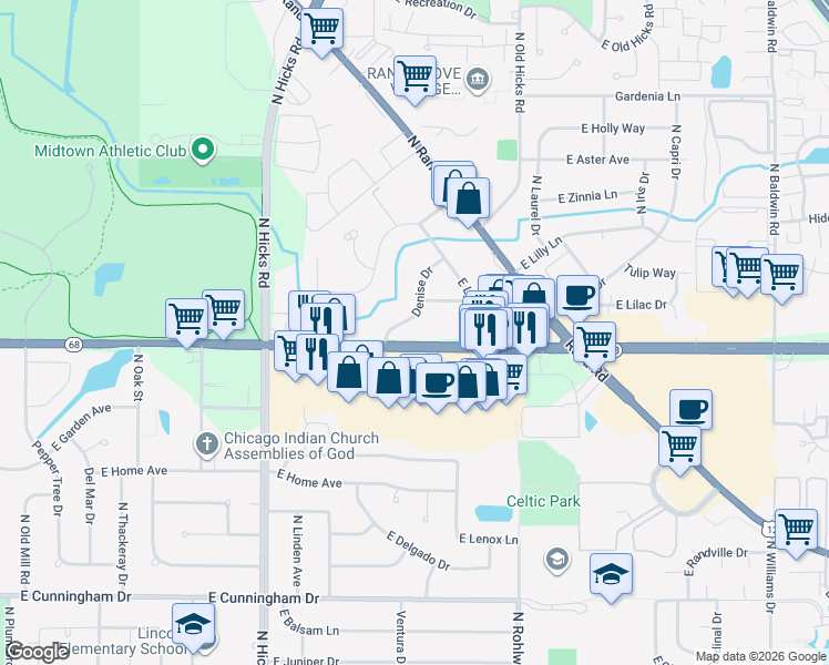 map of restaurants, bars, coffee shops, grocery stores, and more near 658 East Dundee Road in Palatine