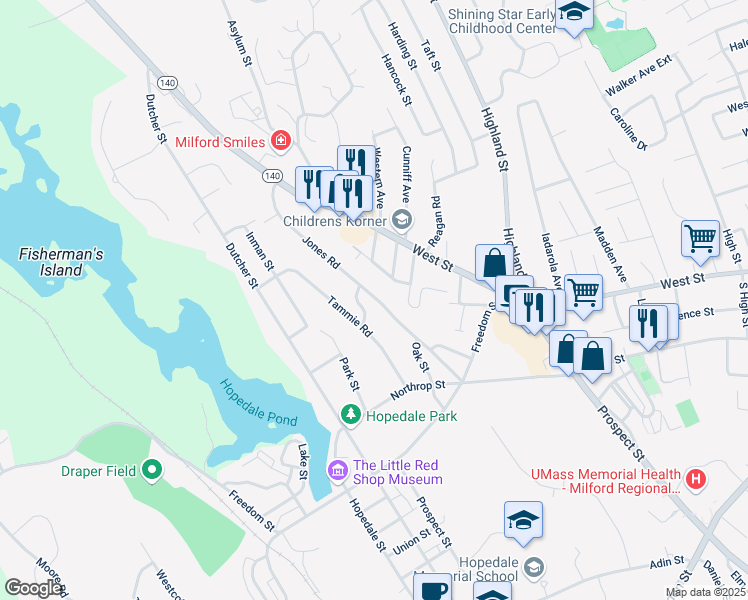 map of restaurants, bars, coffee shops, grocery stores, and more near 87 Jones Road in Hopedale