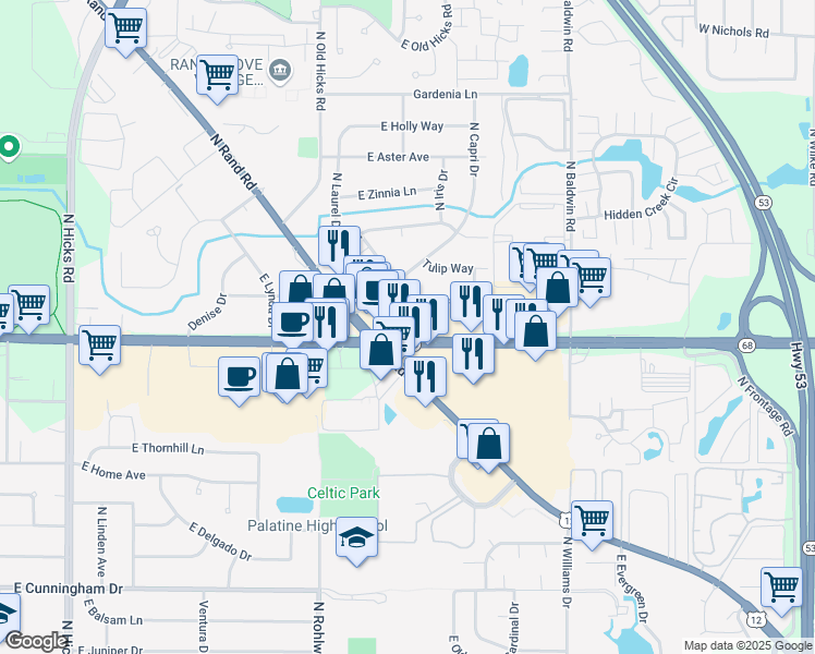 map of restaurants, bars, coffee shops, grocery stores, and more near 1000 East Dundee Road in Palatine