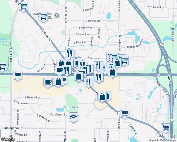 map of restaurants, bars, coffee shops, grocery stores, and more near 1000 East Dundee Road in Palatine