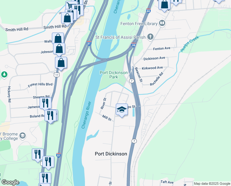 map of restaurants, bars, coffee shops, grocery stores, and more near 4 Lincoln Street in Binghamton