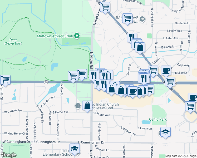 map of restaurants, bars, coffee shops, grocery stores, and more near 462 West Dundee Road in Palatine