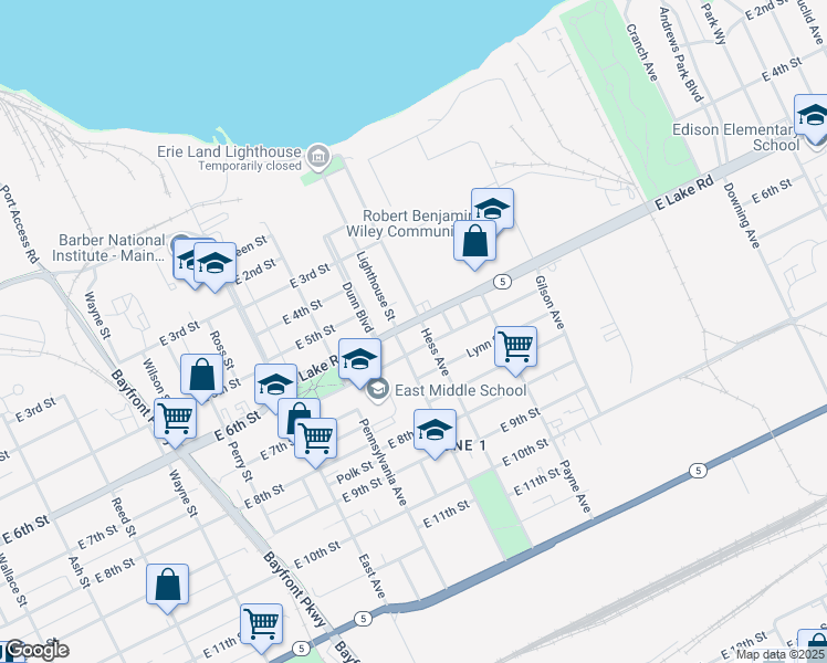 map of restaurants, bars, coffee shops, grocery stores, and more near 1215 East Lake Road in Erie