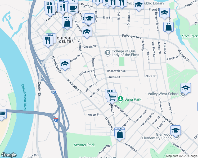 map of restaurants, bars, coffee shops, grocery stores, and more near 135 Stearns Terrace in Chicopee
