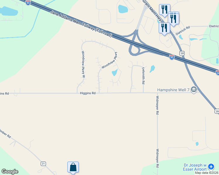 map of restaurants, bars, coffee shops, grocery stores, and more near 46W360 Higgins Road in Hampshire