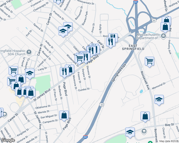 map of restaurants, bars, coffee shops, grocery stores, and more near 27 Stevens Street in Springfield