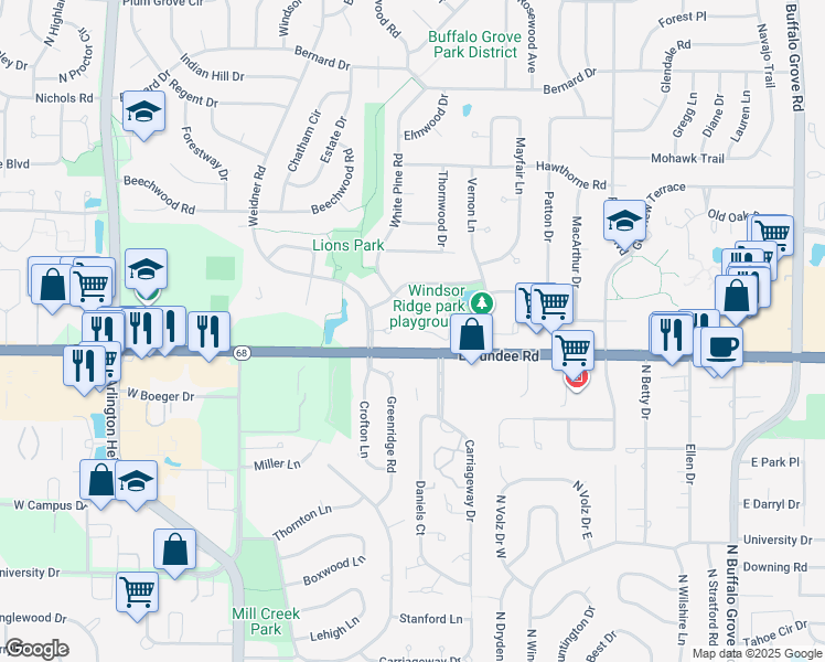 map of restaurants, bars, coffee shops, grocery stores, and more near 651 Hapsfield Lane in Buffalo Grove