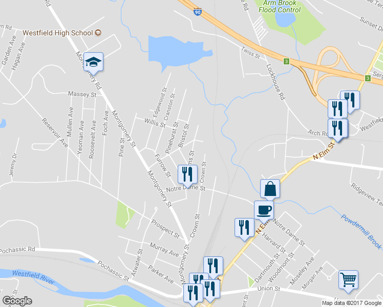map of restaurants, bars, coffee shops, grocery stores, and more near 20 Adams Street in Westfield