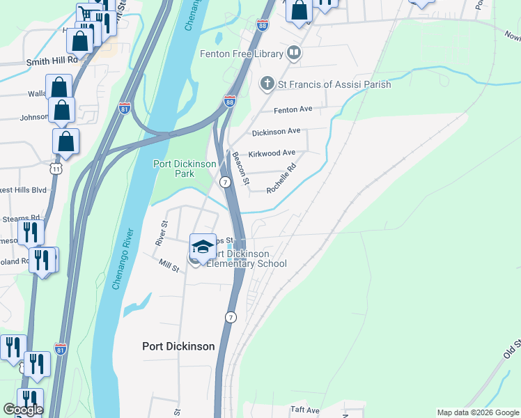 map of restaurants, bars, coffee shops, grocery stores, and more near 6 Rochelle Road in Binghamton