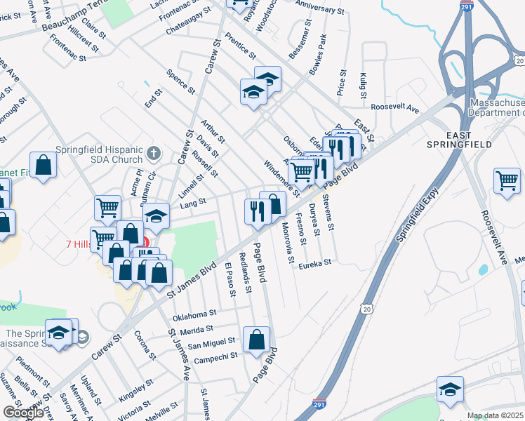 map of restaurants, bars, coffee shops, grocery stores, and more near 33 Haumont Terrace in Springfield