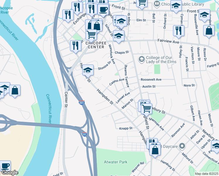map of restaurants, bars, coffee shops, grocery stores, and more near 63 Highland Avenue in Chicopee
