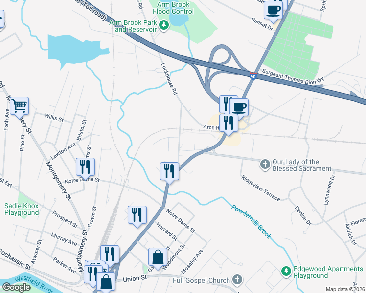 map of restaurants, bars, coffee shops, grocery stores, and more near 19 Lockhouse Road in Westfield