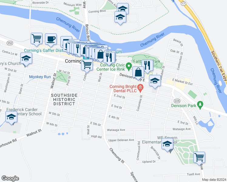 map of restaurants, bars, coffee shops, grocery stores, and more near 155 East 2nd Street in Corning