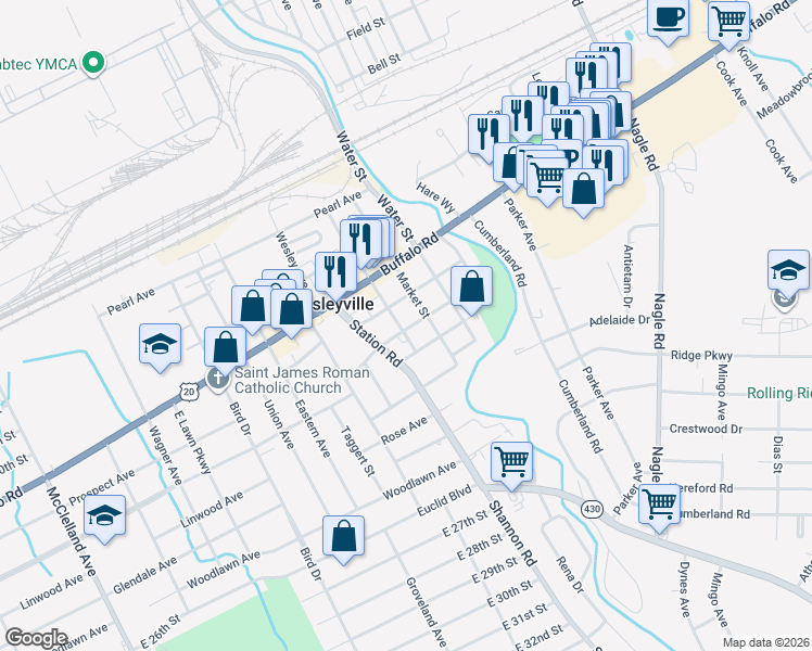 map of restaurants, bars, coffee shops, grocery stores, and more near 3415 Fremont Street in Erie