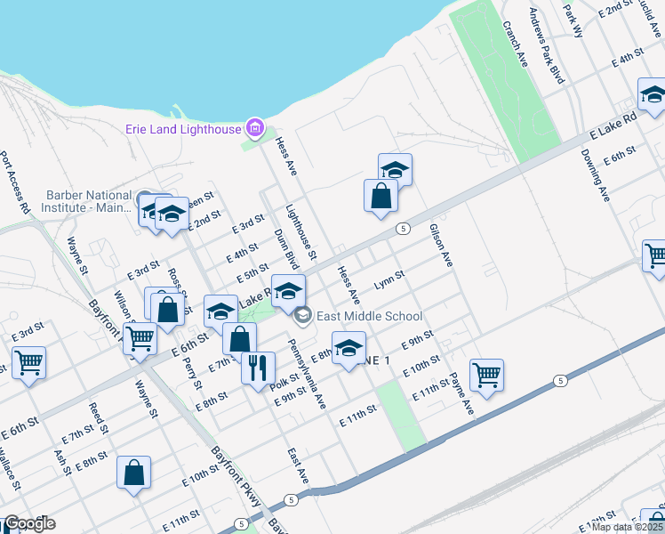 map of restaurants, bars, coffee shops, grocery stores, and more near 1215 East Lake Road in Erie