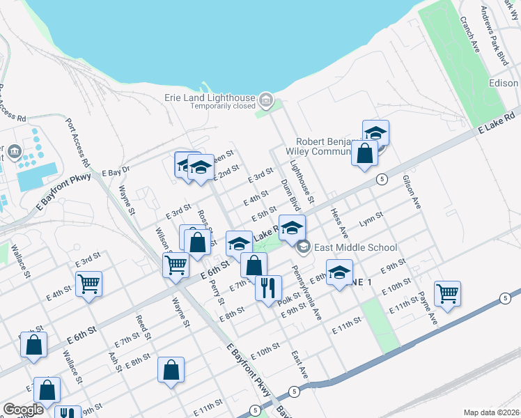 map of restaurants, bars, coffee shops, grocery stores, and more near 1034 East 5th Street in Erie