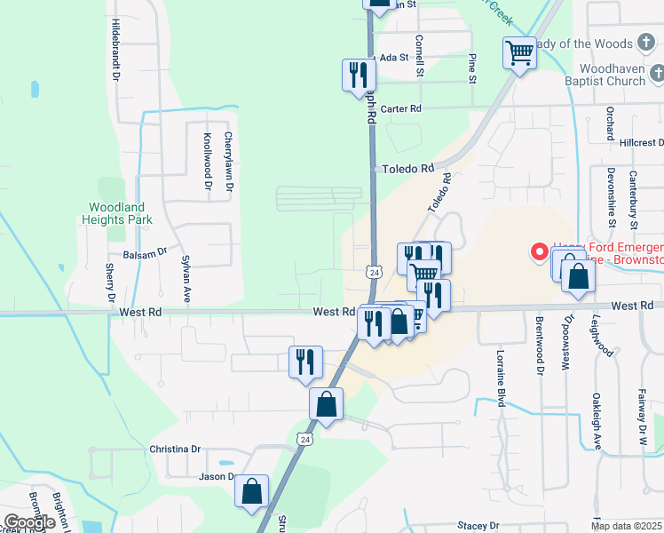 map of restaurants, bars, coffee shops, grocery stores, and more near 22750 Telegraph Road in Brownstown Charter Township