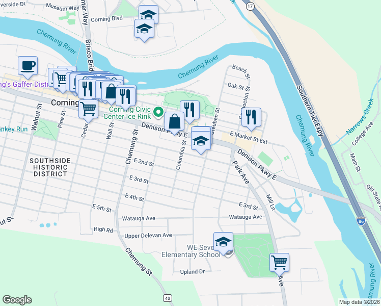 map of restaurants, bars, coffee shops, grocery stores, and more near 267 East 1st Street in Corning