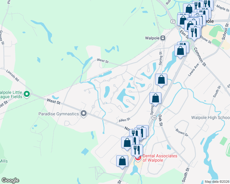 map of restaurants, bars, coffee shops, grocery stores, and more near 99 Pelican Drive in Walpole