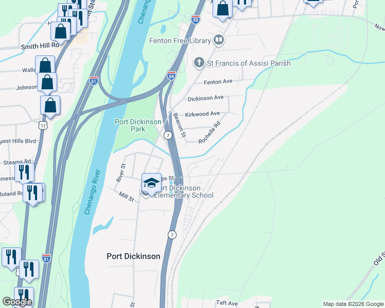 map of restaurants, bars, coffee shops, grocery stores, and more near 6 Rochelle Rd in Binghamton