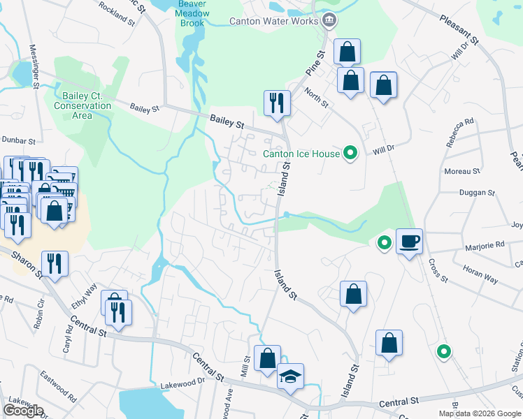 map of restaurants, bars, coffee shops, grocery stores, and more near 17 Elderwood Drive in Stoughton