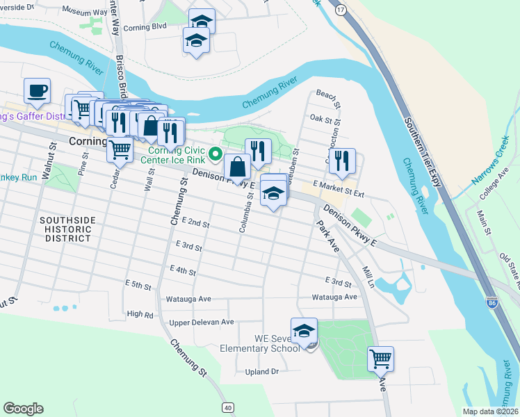 map of restaurants, bars, coffee shops, grocery stores, and more near 267 East 1st Street in Corning