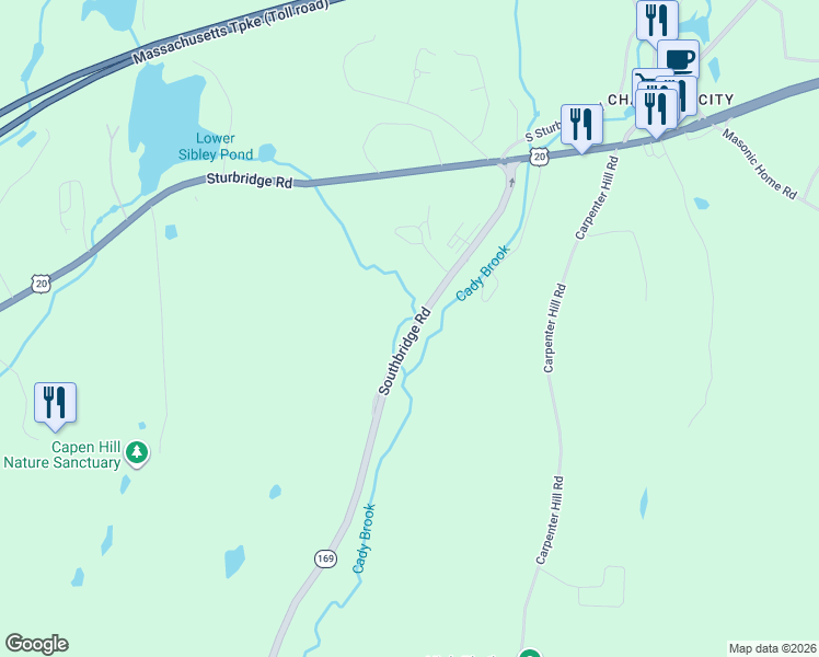 map of restaurants, bars, coffee shops, grocery stores, and more near 28 Southbridge Road in Charlton
