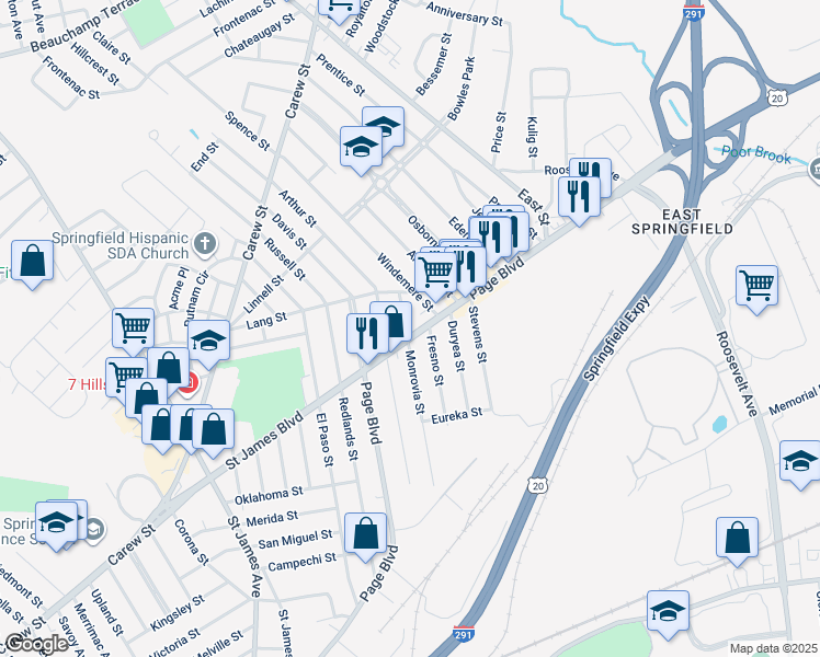 map of restaurants, bars, coffee shops, grocery stores, and more near 522 Page Boulevard in Springfield