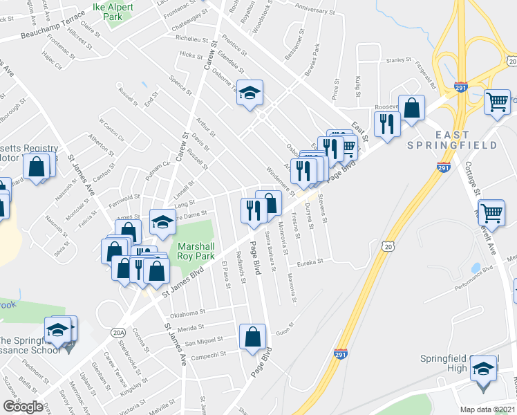 map of restaurants, bars, coffee shops, grocery stores, and more near 33 Haumont Terrace in Springfield