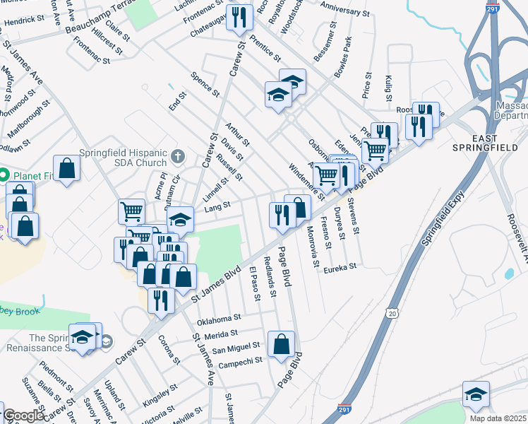 map of restaurants, bars, coffee shops, grocery stores, and more near 264 Redlands Street in Springfield