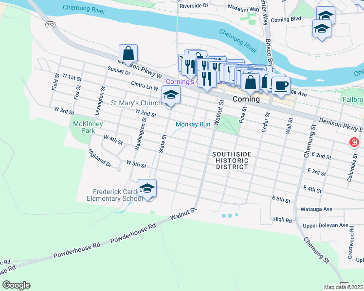 map of restaurants, bars, coffee shops, grocery stores, and more near 115 West 4th Street in Corning