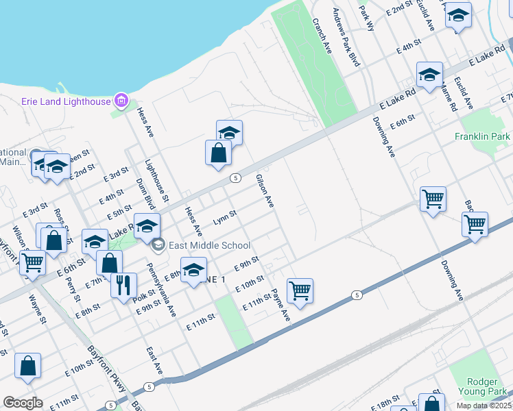 map of restaurants, bars, coffee shops, grocery stores, and more near 1422 East 7th Street in Erie