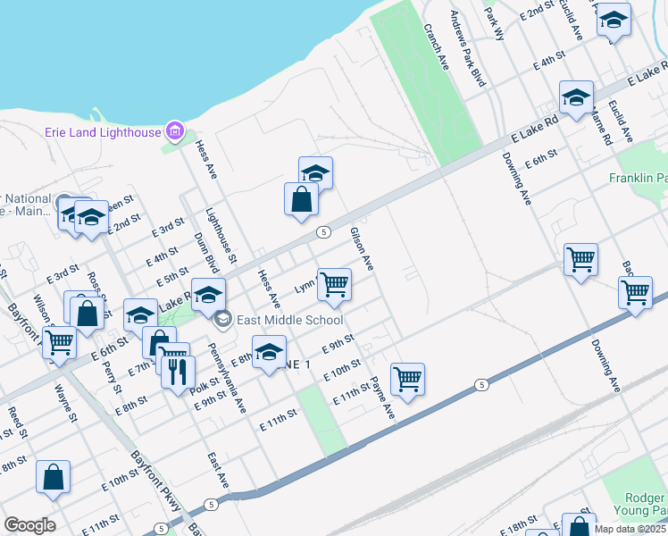 map of restaurants, bars, coffee shops, grocery stores, and more near 1422 East 7th Street in Erie