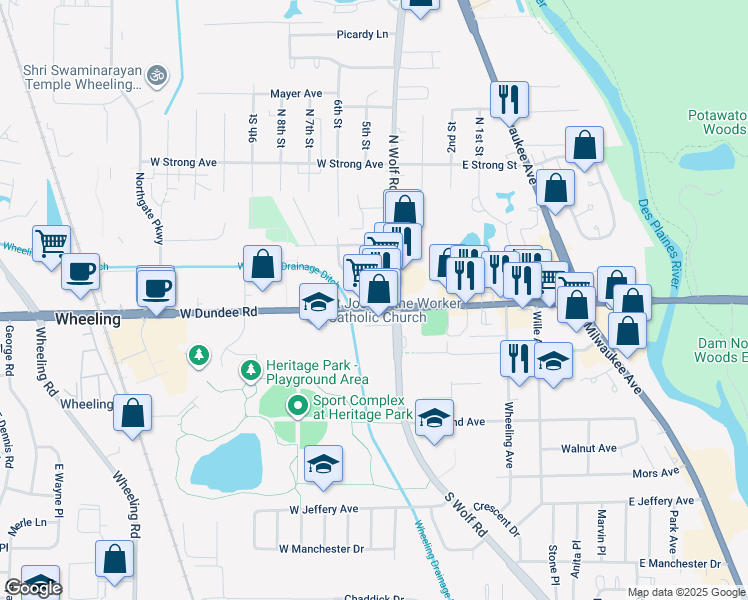 map of restaurants, bars, coffee shops, grocery stores, and more near 14 West Dundee Road in Wheeling