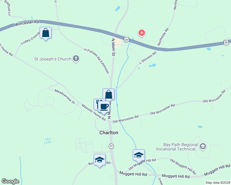 map of restaurants, bars, coffee shops, grocery stores, and more near 11 L Stevens Road in Charlton
