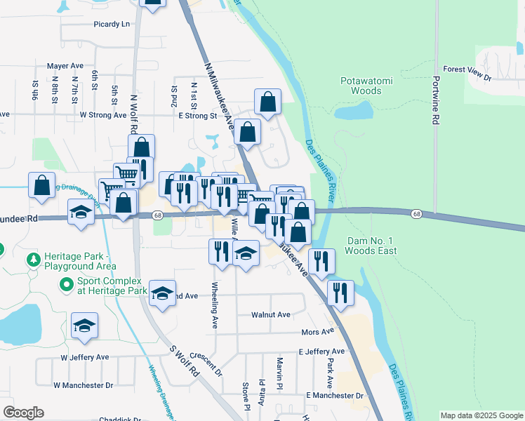 map of restaurants, bars, coffee shops, grocery stores, and more near S Milwaukee Ave & N Milwaukee Ave & E Dundee Rd in Wheeling