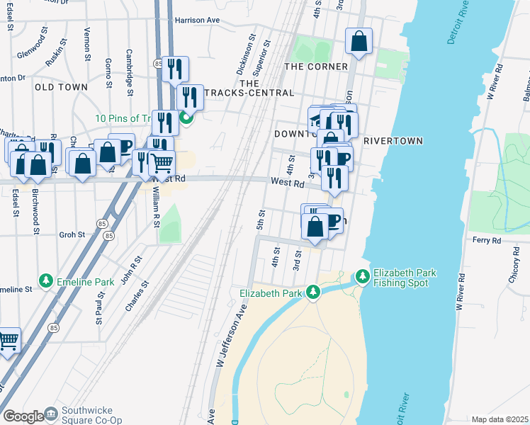map of restaurants, bars, coffee shops, grocery stores, and more near 2938 5th Street in Trenton
