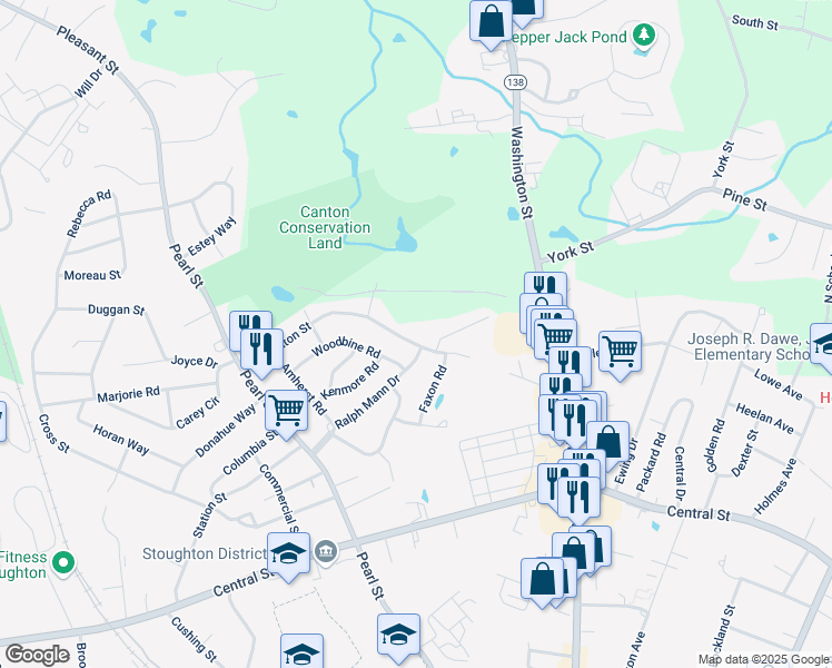 map of restaurants, bars, coffee shops, grocery stores, and more near 212 Stoughton Street in Stoughton