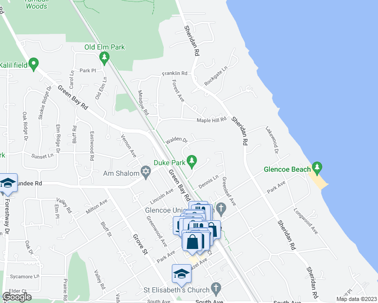 map of restaurants, bars, coffee shops, grocery stores, and more near 64 Crescent Drive in Glencoe