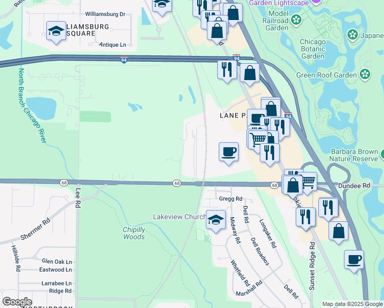map of restaurants, bars, coffee shops, grocery stores, and more near 730 Ballantrae Drive in Northbrook