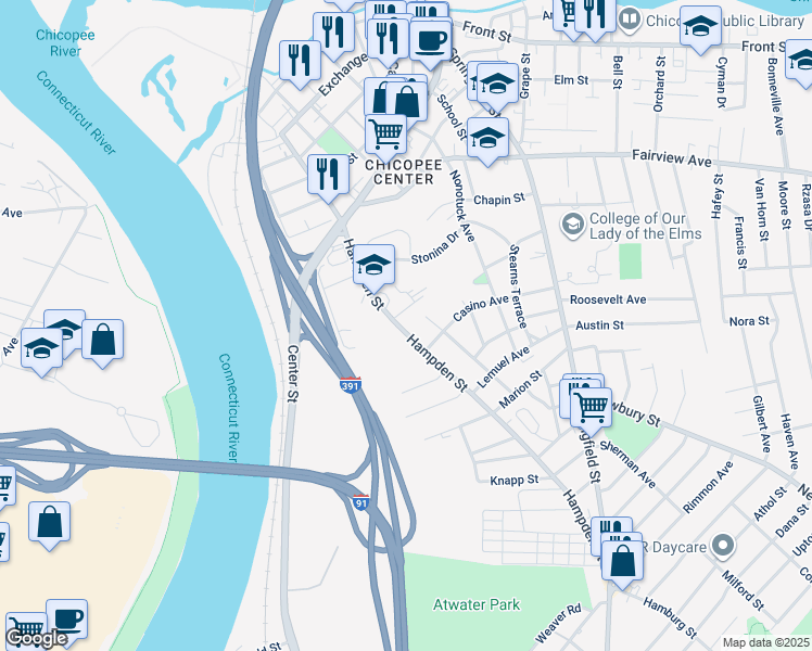 map of restaurants, bars, coffee shops, grocery stores, and more near 133 Hampden Street in Chicopee
