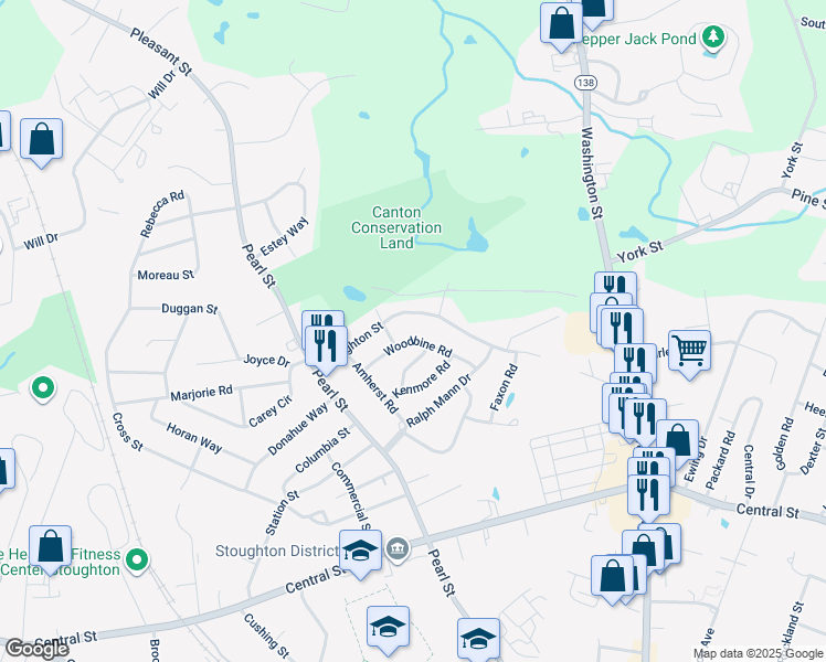map of restaurants, bars, coffee shops, grocery stores, and more near 67 Woodbine Road in Stoughton