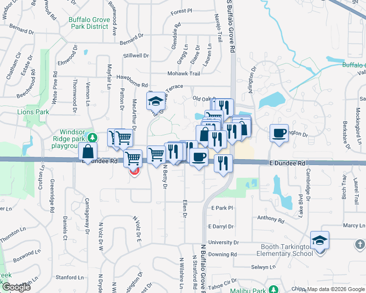 map of restaurants, bars, coffee shops, grocery stores, and more near 2 Oak Creek Drive in Buffalo Grove