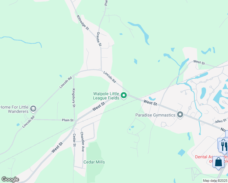 map of restaurants, bars, coffee shops, grocery stores, and more near 639 West Street in Walpole